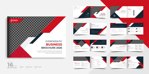 Landscape brochure design, abstract bi-fold company profile template, red elegant annual report design vector