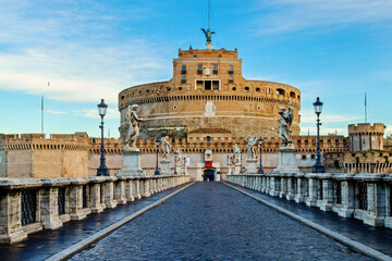 Castle Sant'Angelo fortress and bridge view in Rome, Italy. Early morning with no people.
