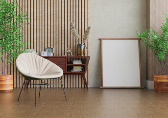 3D mockup photo frame with houseplant in living room rendering