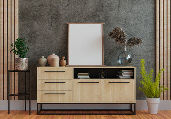 3D mockup photo frame with houseplant in living room rendering