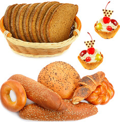 Bread, sweet pastries and cakes isolated on a white . collage.