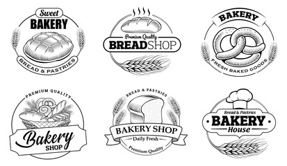 Hand draw bakery labels with bread, pastry, ear of wheat, pretzel