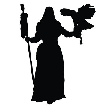 recommend clip art: vector drawing of a black silhouette on a white background of a beautiful girl with long hair. in her hand she has a staff on which a bird is sitting. she's wearing a long dress and boots. 2d art