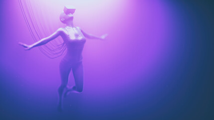 Fototapeta na wymiar Woman in VR glasses float in neon space with cables attached to her. Metaverse avatar concept. Ultraviolet cyberpunk illustration. 3d render illustration
