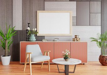 3D mockup photo frame with houseplant in living room rendering