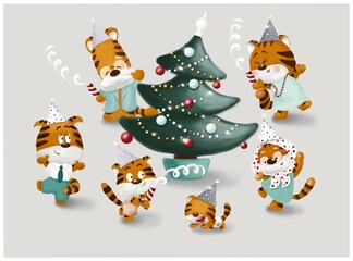 Tiger family is dancing around Christmas tree in the party cone hat with firecrackers. Merry Christmas and Happy New year. Family holidays all together. Chinese tiger