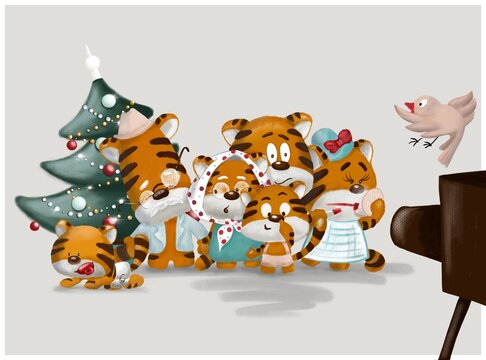 Tiger family is making family photo on old fashion camera. Merry Christmas and Happy New year. Christmas tree. Funny family situation. Family holidays all together. Chinese tiger