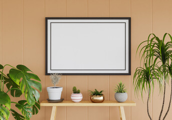 3D mockup photo frame with houseplant in living room rendering