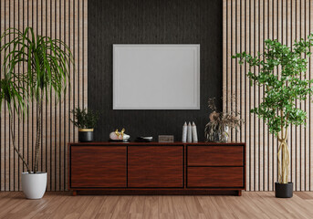 3D mockup photo frame with houseplant in living room rendering