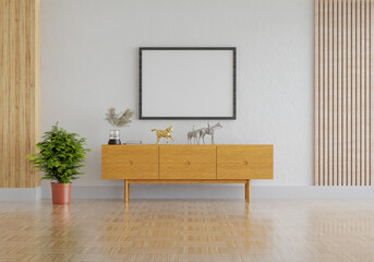 3D mockup photo frame with houseplant in living room rendering