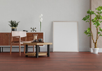 3D mockup photo frame with houseplant in living room rendering