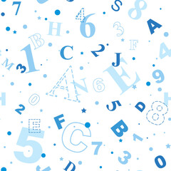Numbers and letters in blue. Background in a school theme. Back to school. Seamless vector pattern.