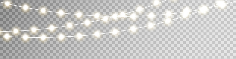 Christmas lights on transparent background. Glowing golden garland light bulb. Led neon lamp. Bright decoration for xmas card, banner, poster, web. Celebration Holiday border. Vector illustration © Liubov