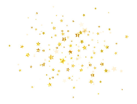 Golden stars confetti on white background. Christmas Luxury texture. Glitter elegant design elements. Gold shooting stars flying. Magic foil decoration. Vector illustration