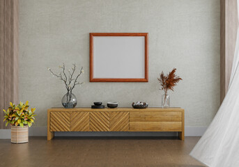 3D mockup photo frame with houseplant in living room rendering