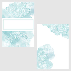 Fototapeta na wymiar Set of card with snowflakes , watercolor spots and place for text . Festive winter ornament concept. Poster, invite. Vector layout decorative greeting card or invitation design background. 