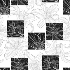 Seamless pattern with lily flowers on white background. Modern floral illustration. Black and White.