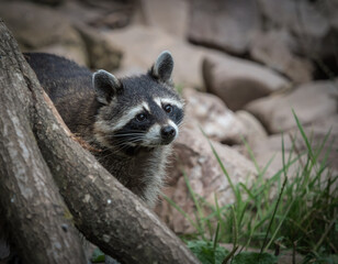 A racoon closeup in a zoo in saarburg, copy space