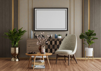 3D mockup photo frame with houseplant in living room rendering