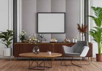 3D mockup photo frame with houseplant in living room rendering