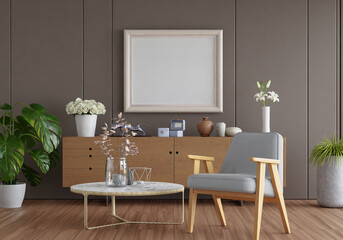 3D mockup photo frame with houseplant in living room rendering