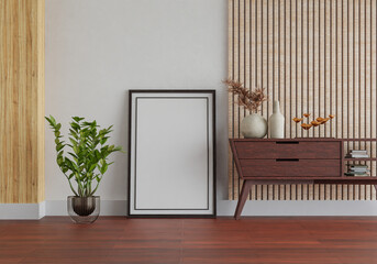 3D mockup photo frame with houseplant in living room rendering