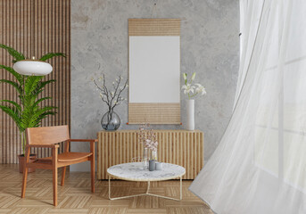 3D mockup photo frame with houseplant in living room rendering