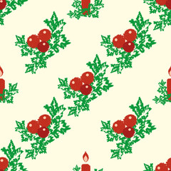Christmas holidays candles, berries, holly seamless vector pattern. Festive background with traditional motifs in scribble drawing style. Red, green, cream white diagonal design backdrop for winter