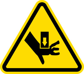 Moving parts can crush or cut warning sign. Black on yellow background. Safety signs and symbols.