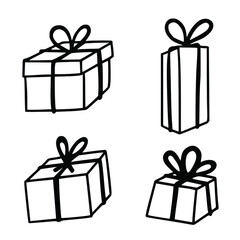 Hand drawn doodle gift boxes. Presents with ribbons in the style of a naive illustration. Hand drawn vector picture isolated on white.