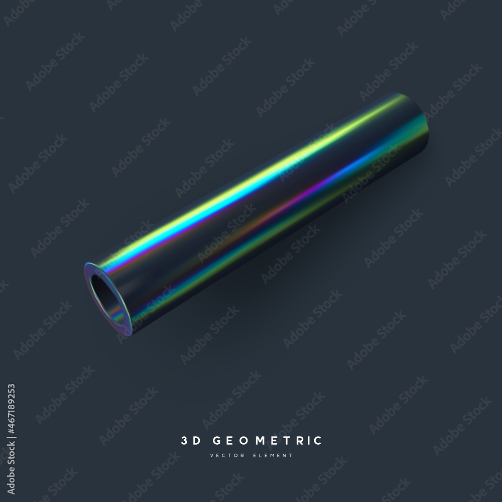 Poster 3d render realistic primitive. glossy holographic geometric shape isolated on dark background. iride