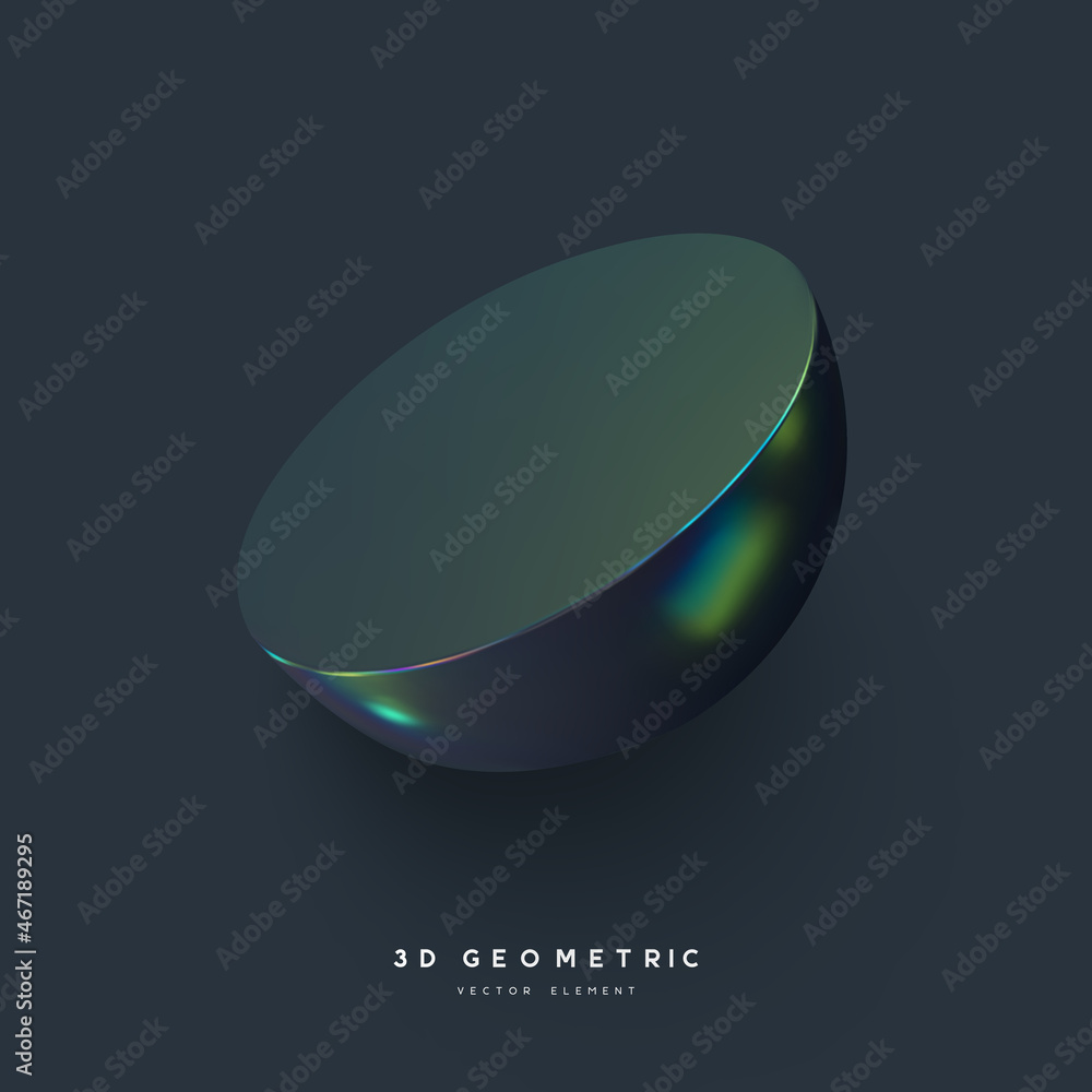 Poster 3d render realistic primitive. glossy holographic geometric shape isolated on dark background. iride