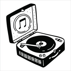 Turntable record player in suitcase, doodle sketch. Gramophone in naive illustration style. Hand drawn vector picture isolated on white.