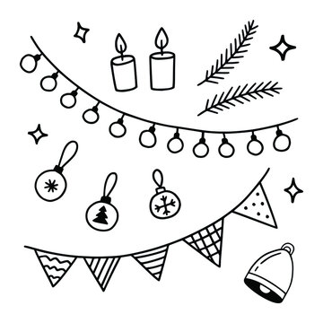 Christmas decorations doodle. New year elements in the style of naive sketches. Hand-drawn black and white vector images.