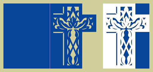 Christening invitation. Easter cross with pattern. Baptism invitation. Cutout paper. Laser cut template for Easter greeting card, invitation. Suitable for laser or plotter cutting,  printing. 