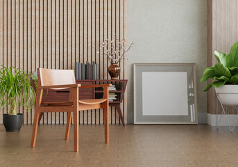 3D mockup photo frame with houseplant in living room rendering