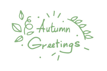 Obraz premium Colorful minimalistic universal inscription for autumn holidays. Vector outline of the inscription in cartoon style, in a composition of several doodles on an autumn theme in a pleasant green color