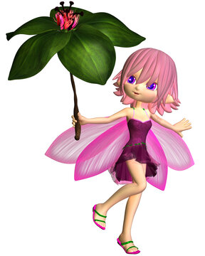 Cute Toon Umbrella Fairy in Pink, 3d digitally rendered fantasy illustration