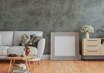3D mockup photo frame with houseplant in living room rendering