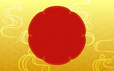 赤い花のフレームと和柄麻の葉と流水紋の和風背景