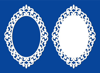 Laser cut vector frame. Abstract oval frame with swirls, vector ornament, vintage frame. Pattern may be used for laser cut. Photo frame with lace corners for paper or wood cutting. - obrazy, fototapety, plakaty