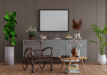 3D mockup photo frame with houseplant in living room rendering