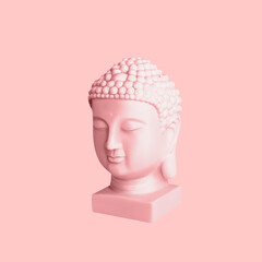 3D Illustration of Buddha head statue. Pink Background