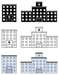 Hospital Building Clipart Set - Outline, Silhouette and Color