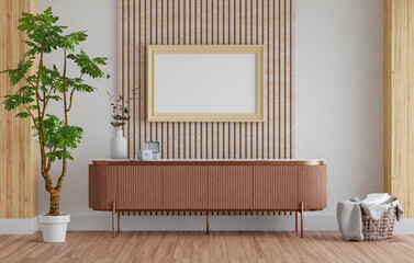 3D mockup photo frame with houseplant in living room rendering