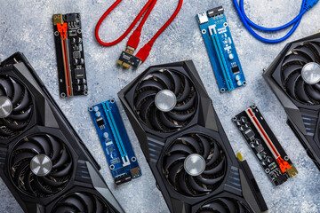 Gaming video card, video card adapter on a concrete background for video games and cryptocurrency...
