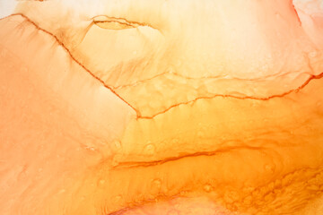 Abstract ocher ink watercolor background. Yellow orange brown paint stains and spots in water,...