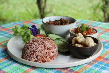 Thai style food, rice with stir fried basil with pork, chili paste, pork kappa and vegetable on white plate.