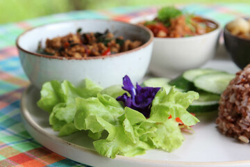 Thai style food, rice with stir fried basil with pork, chili paste, pork kappa and vegetable on white plate.