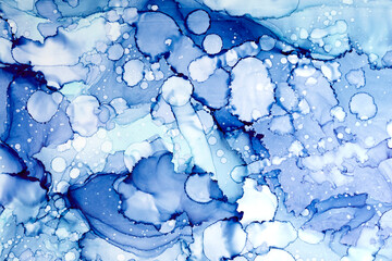 Abstract blue paint background. Water bubbles drops stains splashes texture pattern